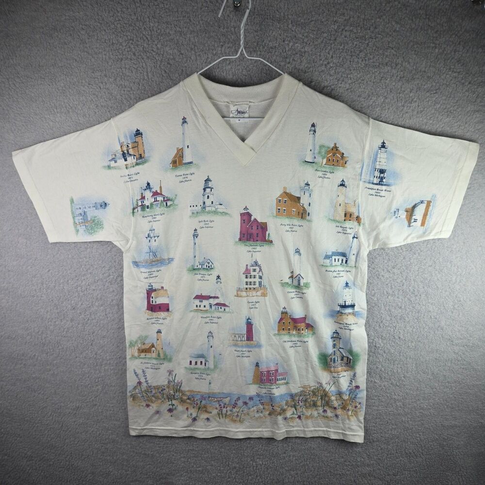 Artisans Great Lakes Lighthouses T-Shirt Mens M Ivory White V-Neck Short Sleeve